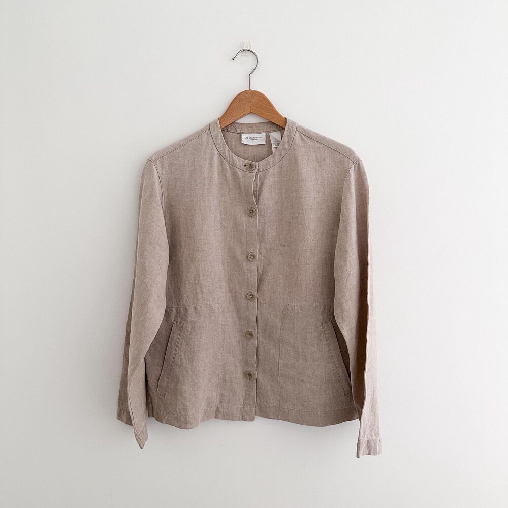 100% Linen Lightweight Jacket Neutral Beige Minimalist Button Front Size S